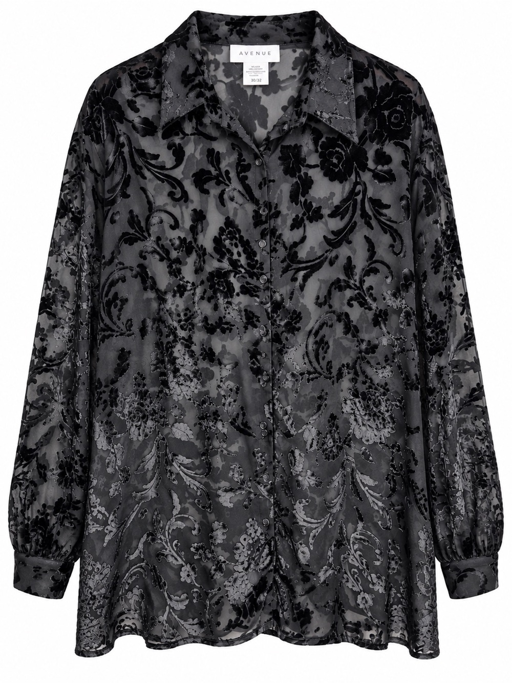 Avenue Women’s 30/32 Black Sheer Velvet Burnout Floral Button Front Top